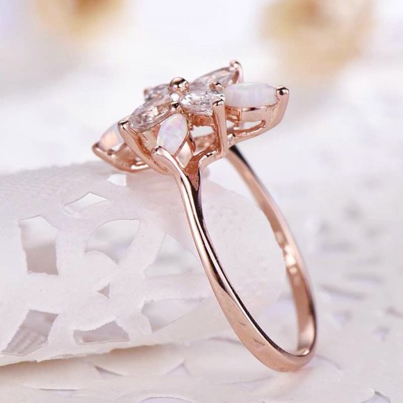 Sweet Super Dainty Flower Opal Gemstone CZ Rose Gold Ring for Women, VIP539 - Picture 2 of 6